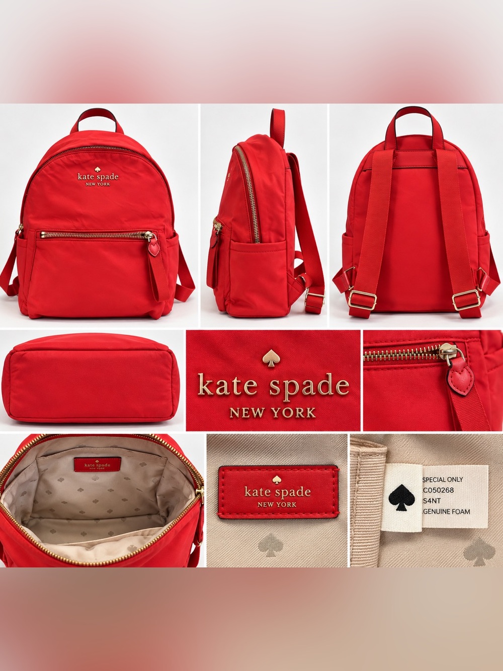 Kate Spade New York Red Nylon Backpack Gold Hardware Zip Pockets
